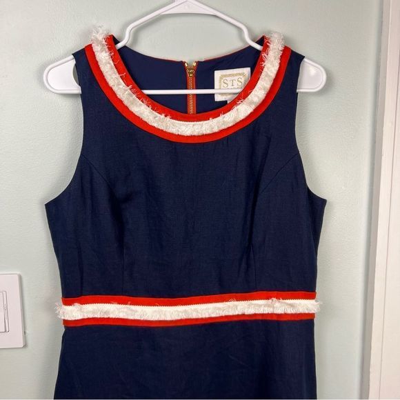 Sail to Sable Raw Trim Details Blue Red Linen Dress Size 10 - Picture 8 of 12
